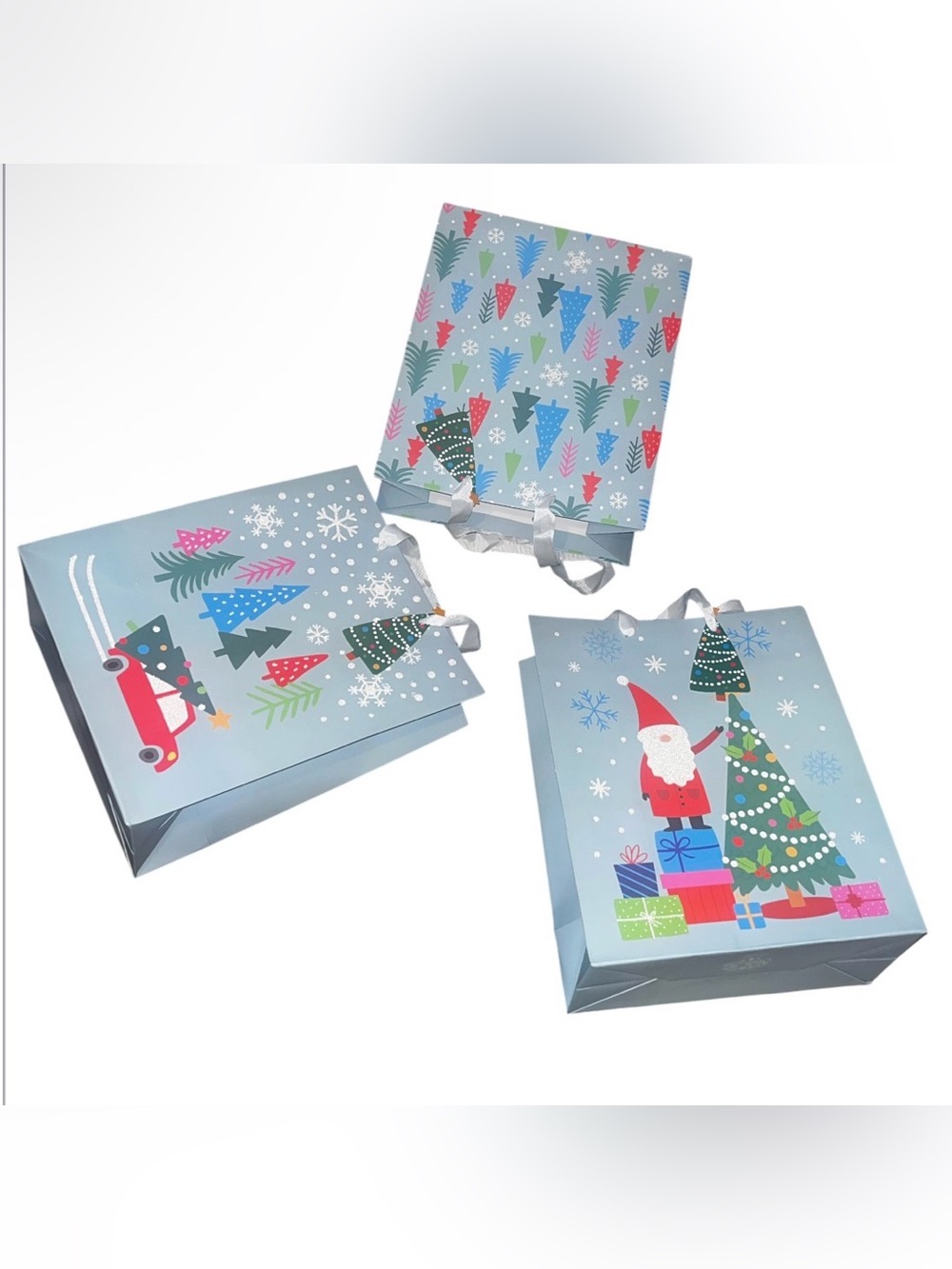 Holiday Gift Bags with Santa & Tree - Blue and Green 3 Pc Set - Picture 15 of 16